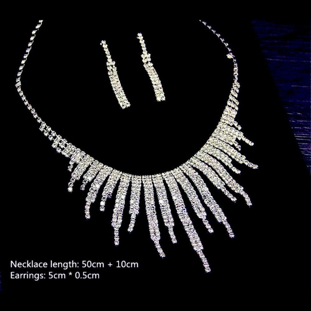 GEOMETRIC RHINESTONE STATEMENT‎ SILVER NECKLACE AND EARRINGS SET